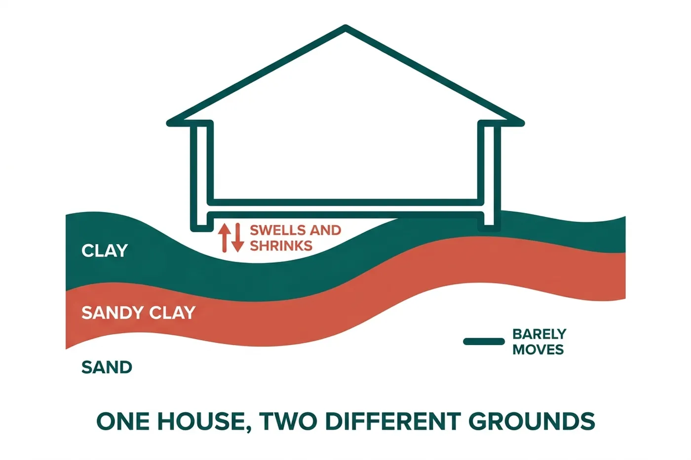 Diagram: interbedded clay and sand layers under one house footprint causing uneven movement