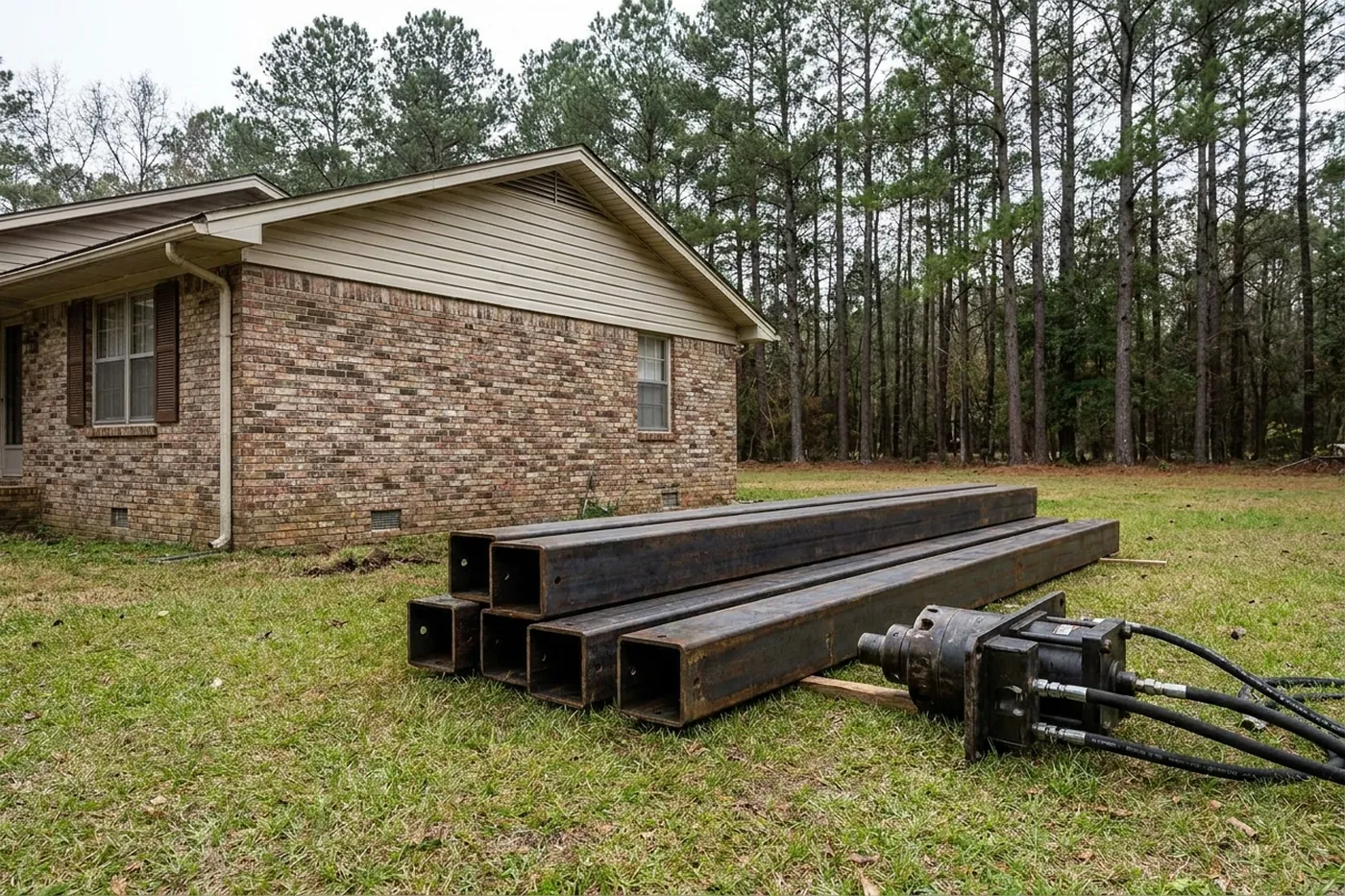 Steel pier sections and a hydraulic drive head staged beside a Hattiesburg brick foundation