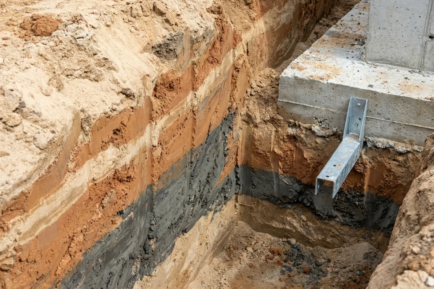 Pier bracket set beneath a footing in an excavated pit showing layered sandy and clay soil